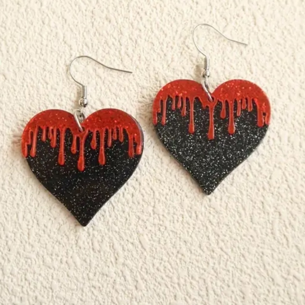 Bleeding Black Glittered Acrylic Heart Earrings Goth Valentines Halloween
